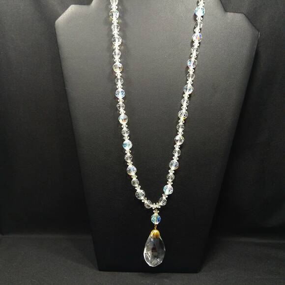 AB Crystal Beaded Necklace, Aurora Borealis 22" Clear Crystal Teardrop Pendant - Picture 3 of 10